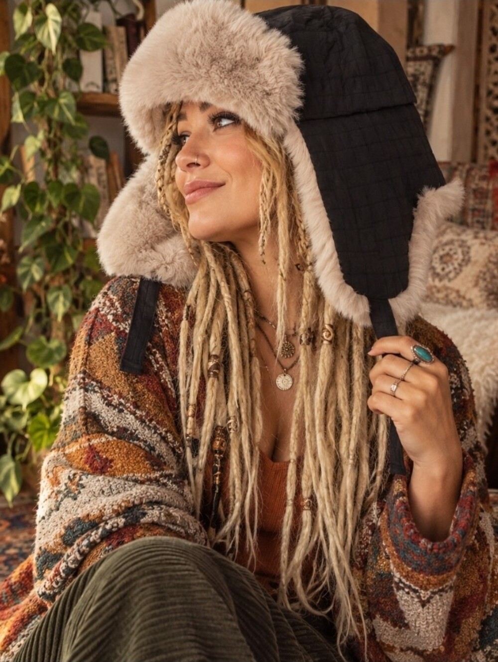4/$15 Black Faux Fur Ear Flap Trapper Hat | Boho Y2K Cottagecore Wintercore